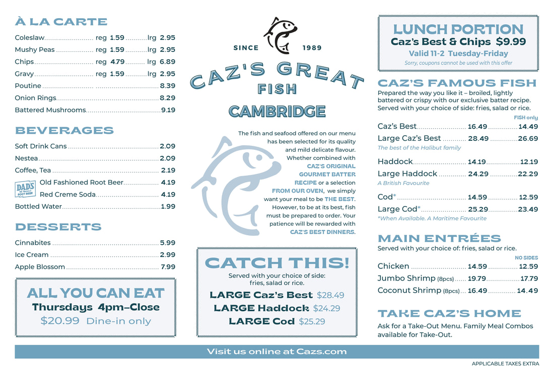 Caz's Cambridge menu - Caz's Great Fish! Cambridge